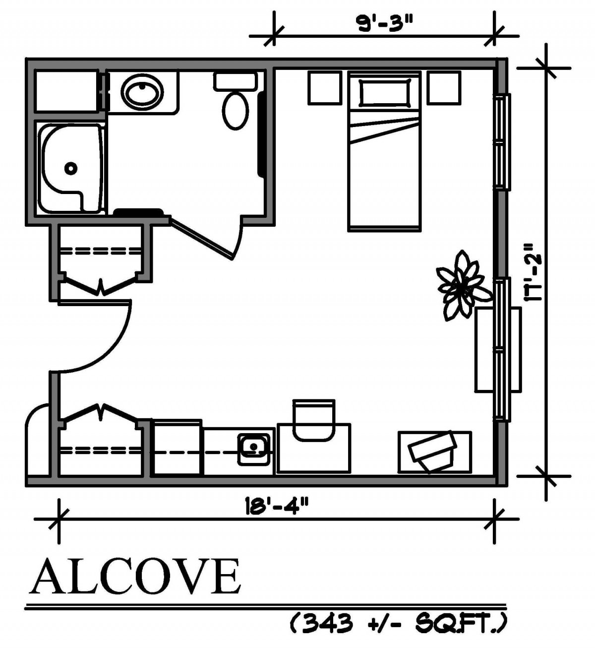 Floor plan of a compact alcove studio apartment with designated living and sleeping areas.