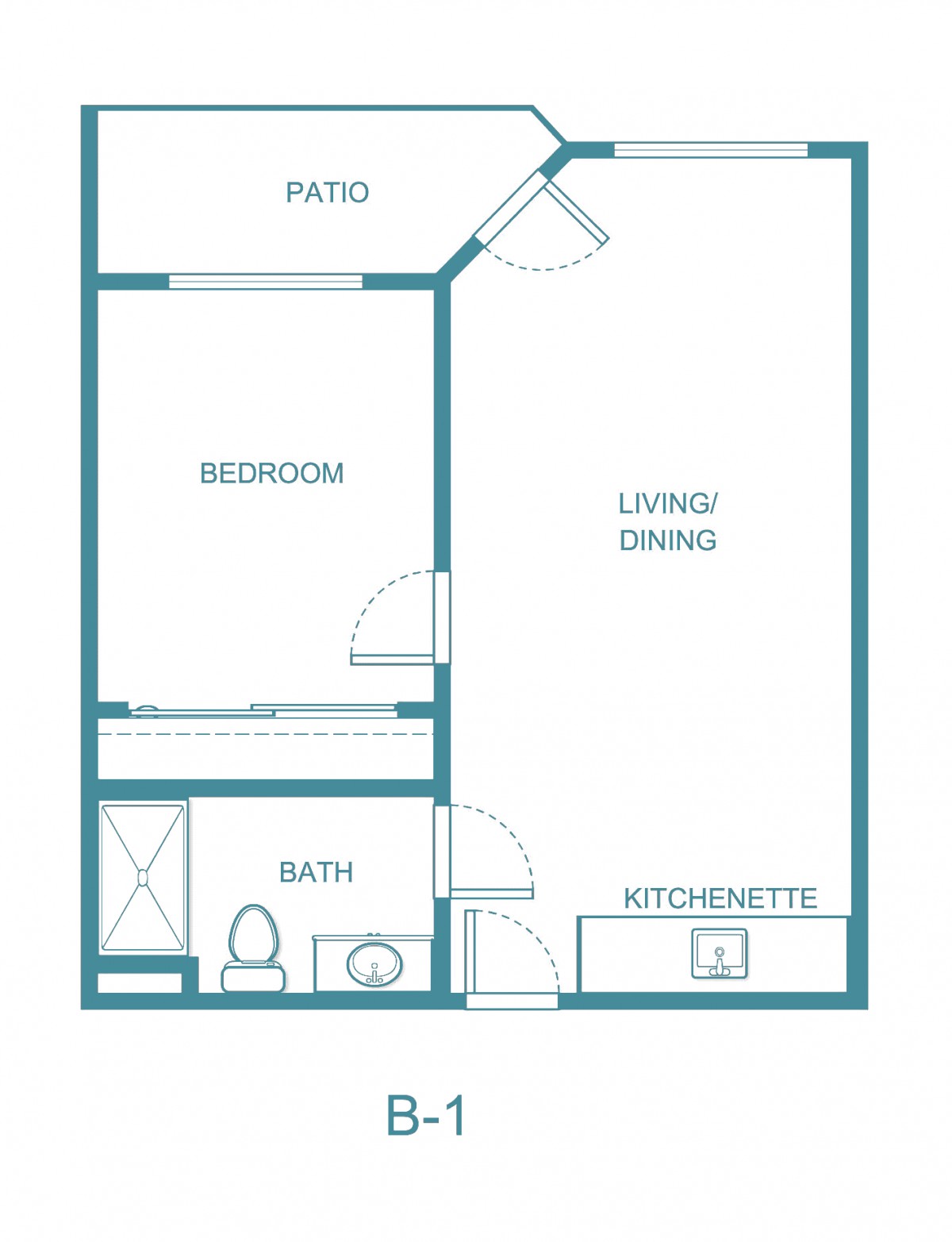 A floor plan of a one-bedroom apartment featuring a living/dining area, kitchenette, bathroom, bedroom, and patio.