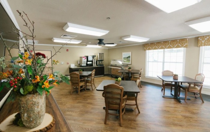 A cozy dining area with wooden tables and chairs, decorated with plants and well-lit by ceiling lights.