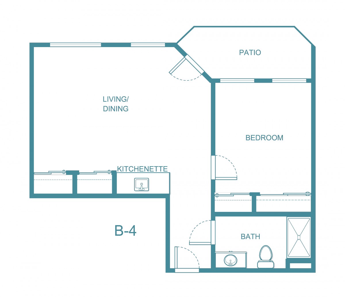 A floor plan of an apartment with designated areas for a living/dining room, kitchen, bedroom, patio, and bathroom.