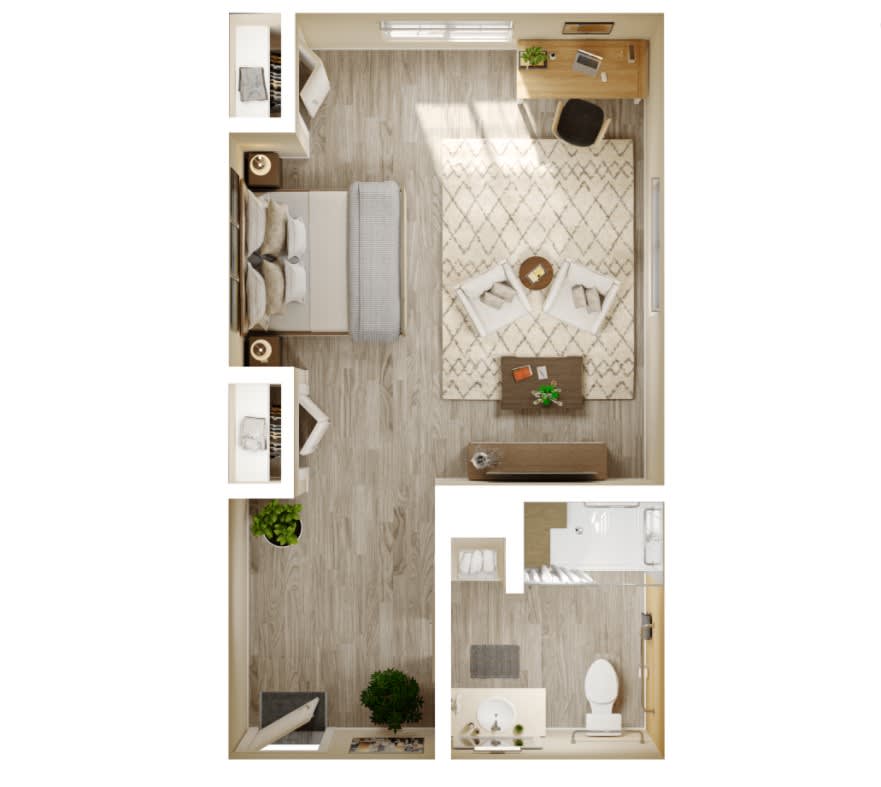 A minimalist studio apartment floor plan featuring an open layout with a combined bedroom and living area, kitchenette, and bathroom.