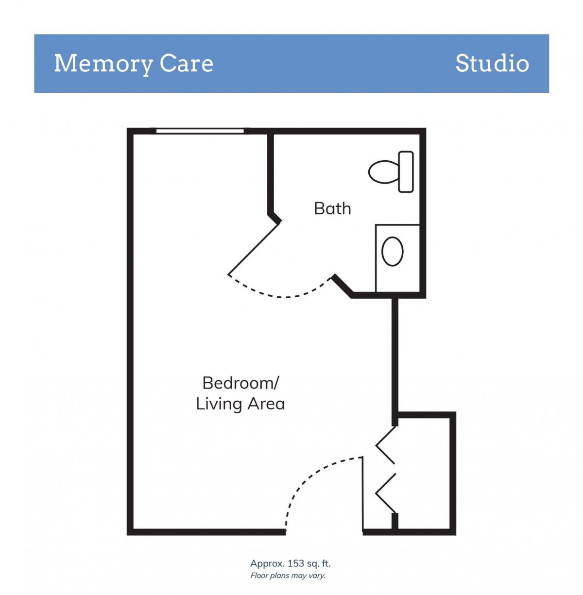 Floor plan of a memory care studio apartment with labeled areas for the bathroom and bedroom/living area.
