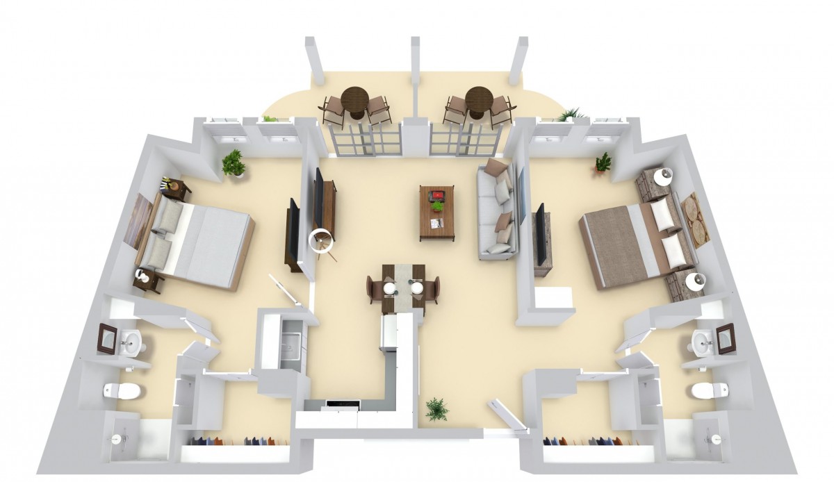 A 3D floor plan of an apartment, showcasing the layout with two bedrooms, a living room, dining area, and furniture placement.