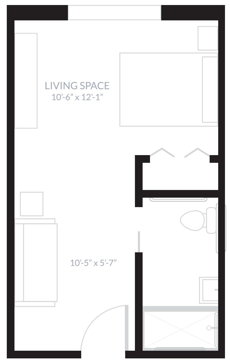 Studio apartment floor plan with living space and bathroom layout.