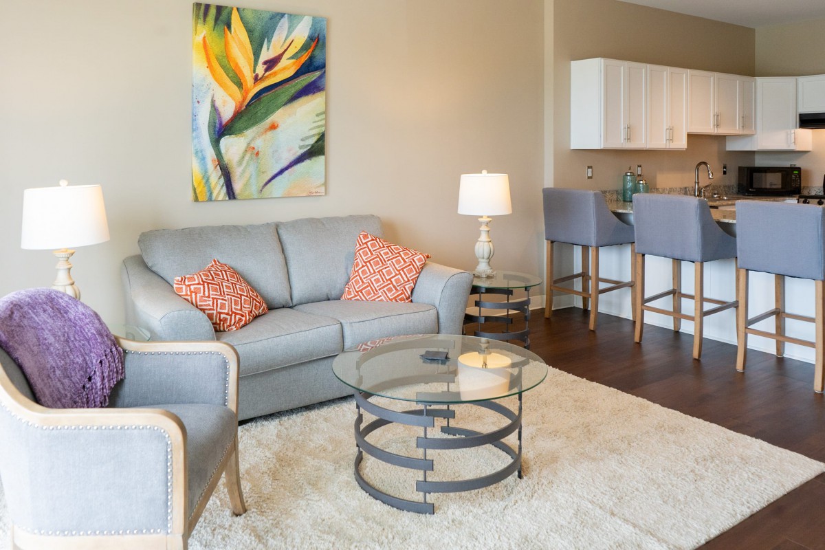 A cozy living room with modern decor, featuring a grey sofa, abstract artwork, and a glass coffee table.