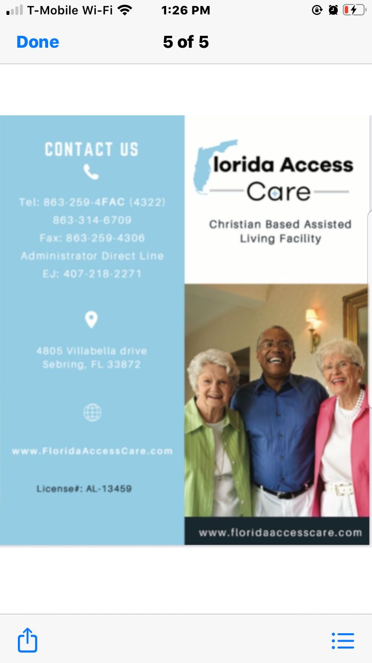 Florida Access Care: A Christian-based assisted living facility offering elderly care with contact and location details.
