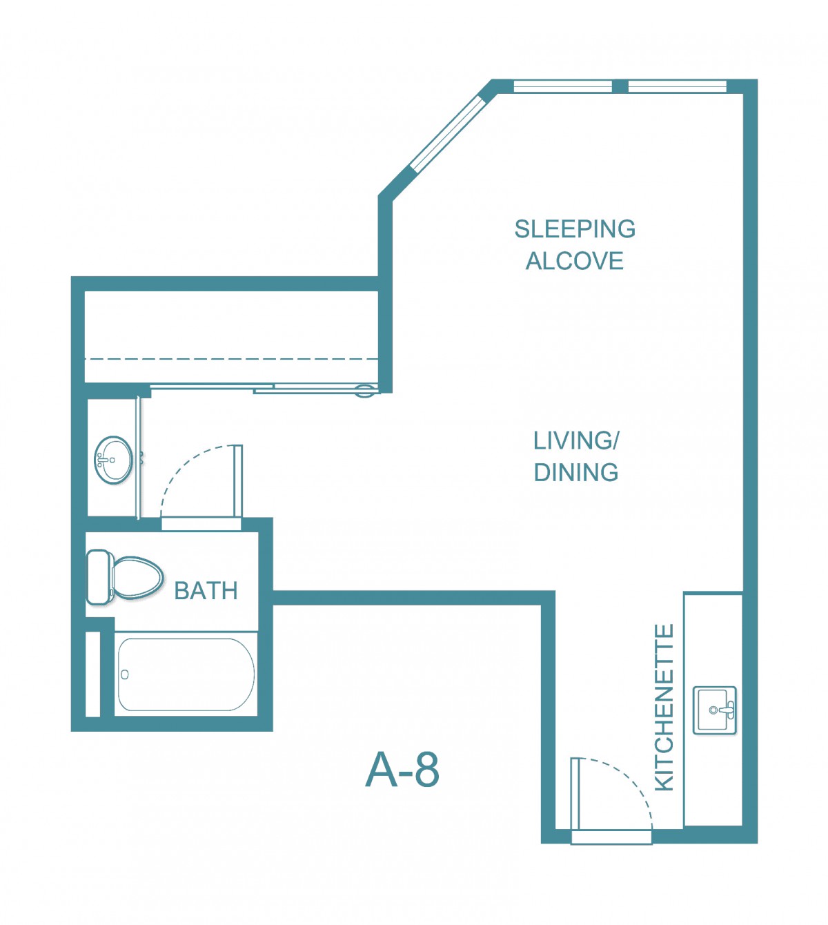 Floor plan of a studio apartment with a sleeping alcove.