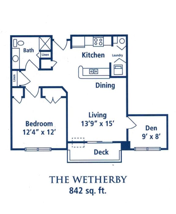The Wetherby floor plan featuring a one-bedroom, den, and living area over 842 sq. ft.