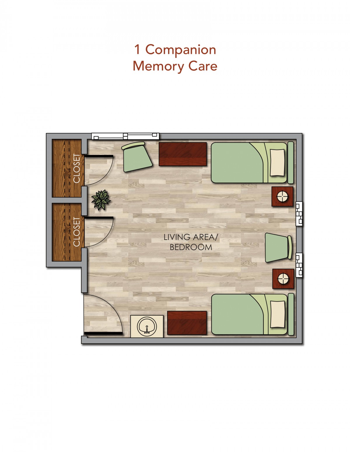 A compact floor plan for a memory care room with twin beds, storage, and seating area.