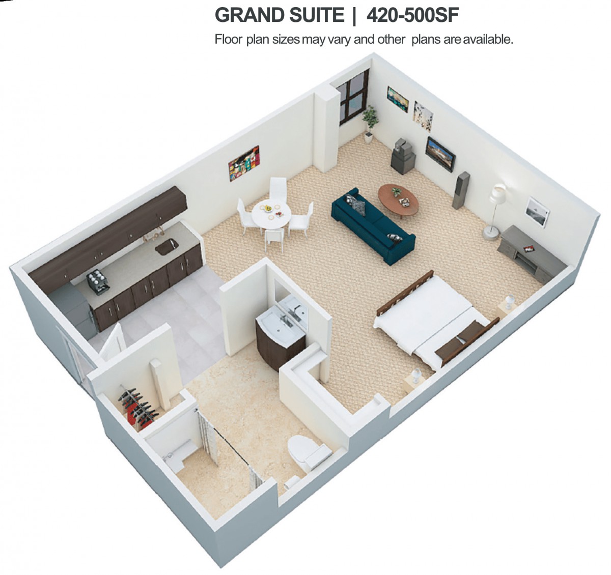 3D floor plan of a grand suite featuring an open living and kitchen area, separate bedroom, and bathroom.