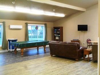 A cozy game room with a pool table, sofa, and television.