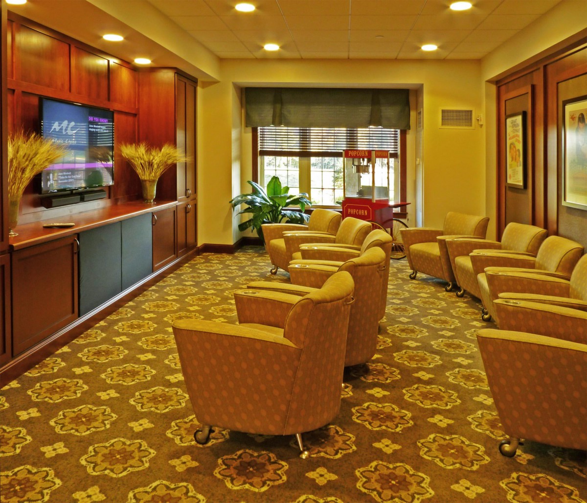 A comfortable lounge area with several chairs arranged facing a television, featuring warm lighting and patterned carpet.
