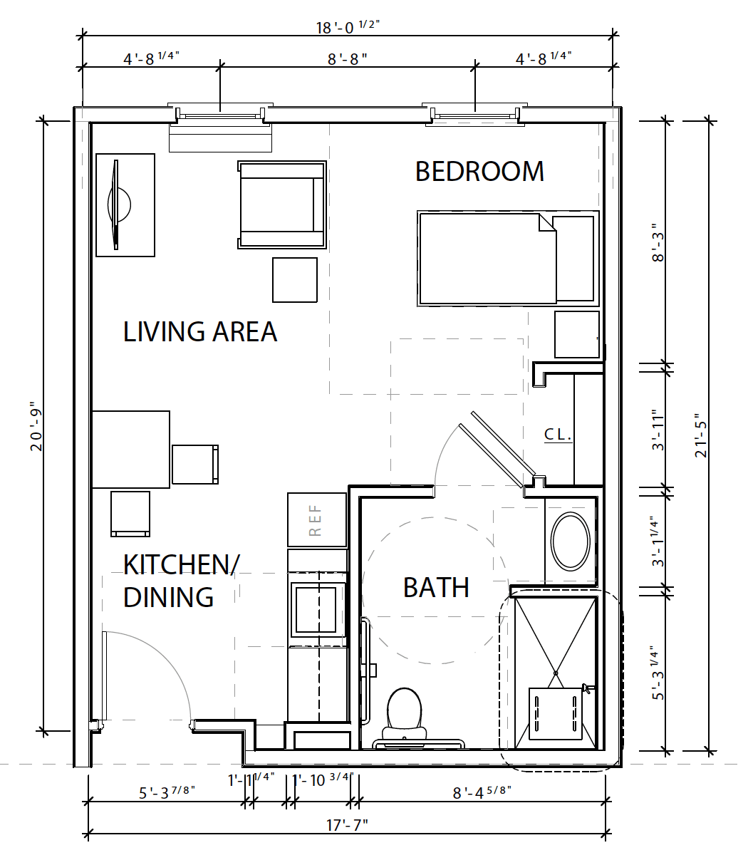 A detailed floor plan of a one-bedroom apartment featuring a living area, kitchen/dining space, bathroom, and bedroom.