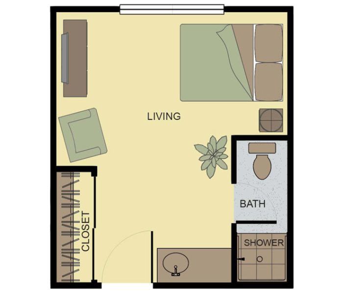 A floor plan of a studio apartment featuring a combined living and sleeping area, closet, and bathroom.