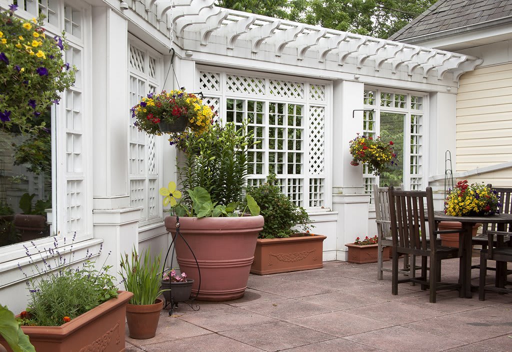 A charming patio with a white pergola, adorned with potted plants and hanging baskets.