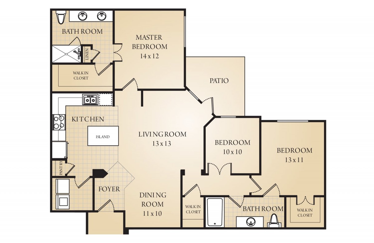A detailed floor plan of a multi-bedroom apartment with labeled rooms and areas.