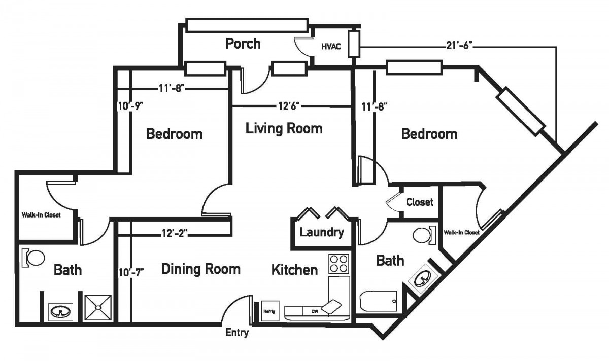 A floor plan of a house showing the layout of bedrooms, living room, kitchen, and other areas.