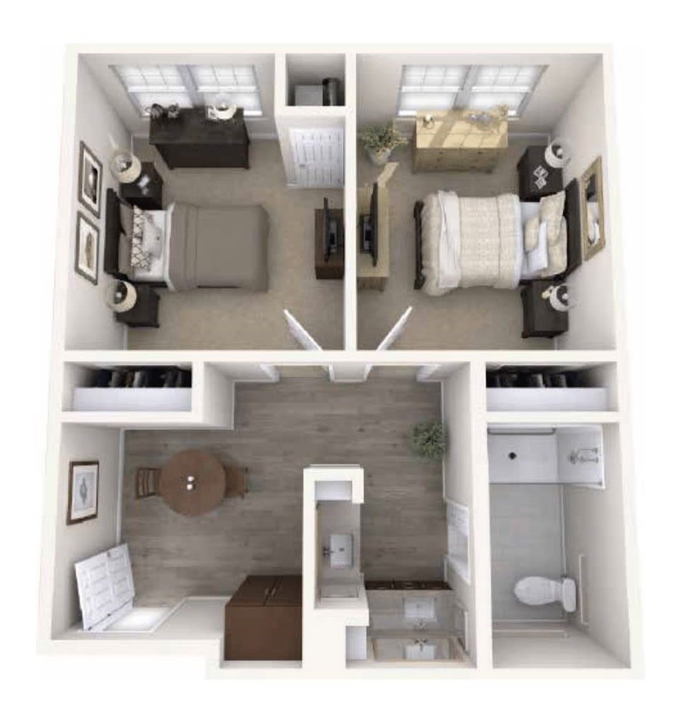 A 3D floor plan of a two-bedroom apartment with a shared bathroom and living area.