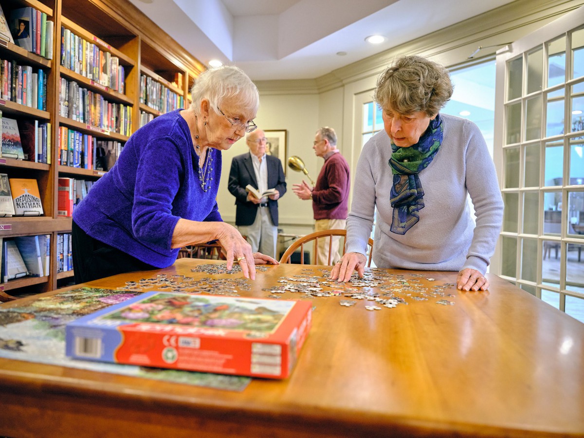 Two seniors working on a puzzle in a library setting, with others engaged in conversation nearby.