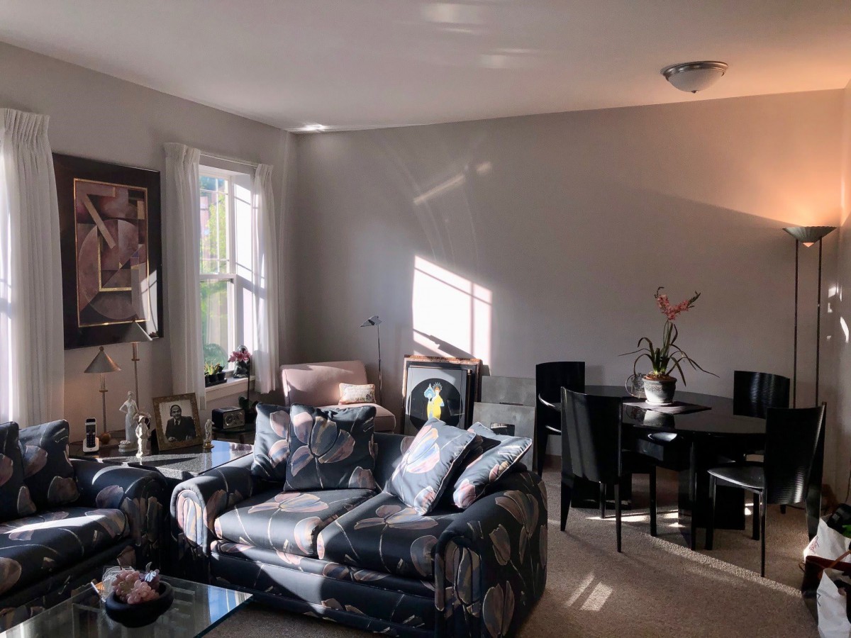 A cozy living room with a sofa, armchair, and dining area, illuminated by sunlight.