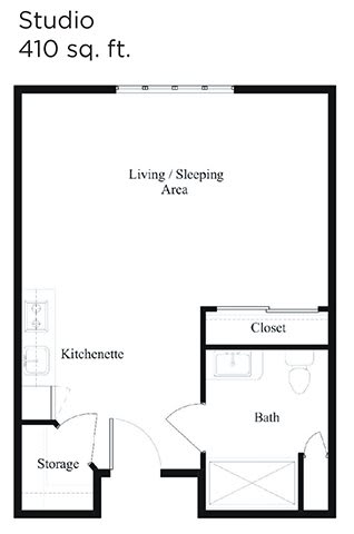 Studio apartment floor plan with living/sleeping area, kitchenette, closet, and bathroom.