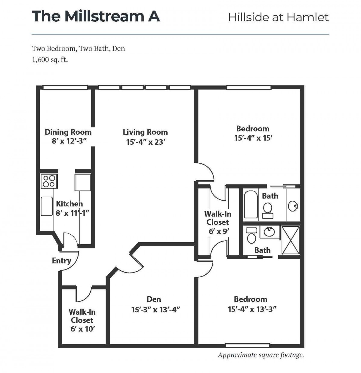 The floor plan of The Millstream A apartment, showing room dimensions and layout.