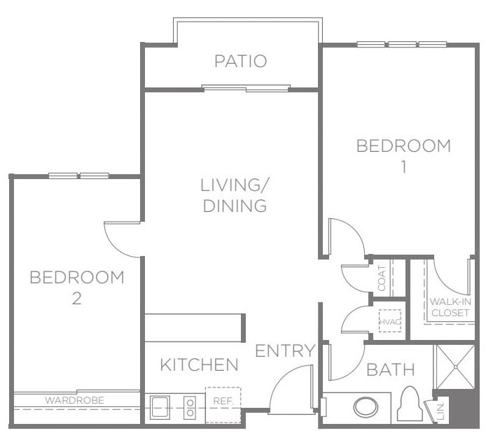 A floor plan of a two-bedroom apartment with a living/dining area, kitchen, bathroom, and patio.
