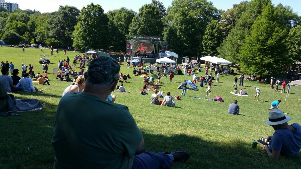 People relaxing on a grassy field during an outdoor concert in the park.