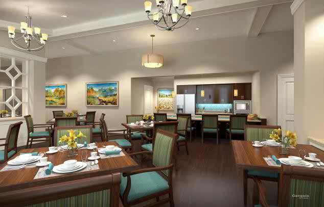 Elegant dining room with neatly arranged tables, modern lighting, and colorful artwork on the walls.