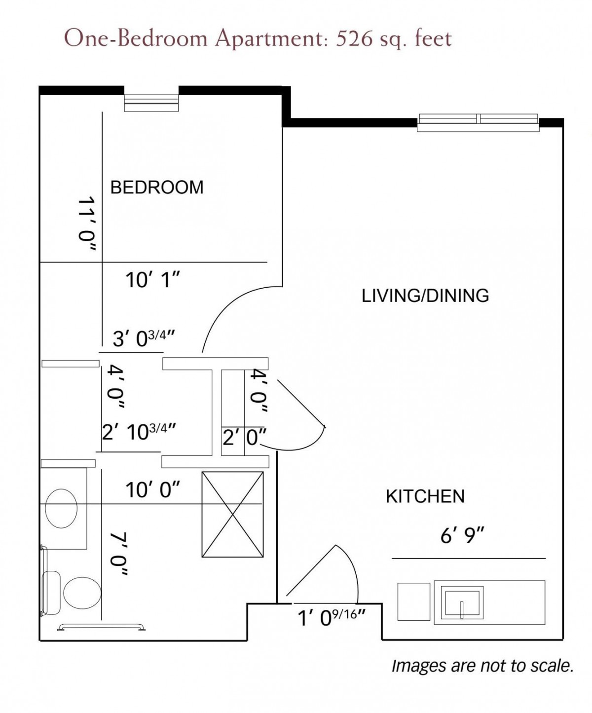 A floor plan of a one-bedroom apartment with labeled dimensions.