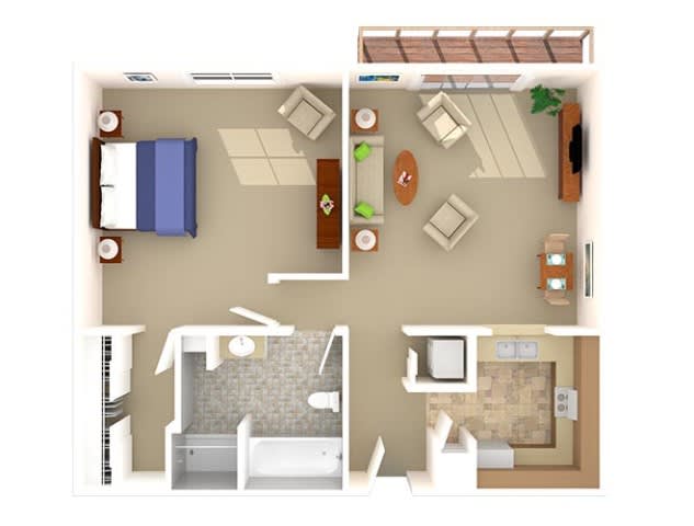 One-bedroom apartment floor plan with a living room, kitchen, and bathroom.