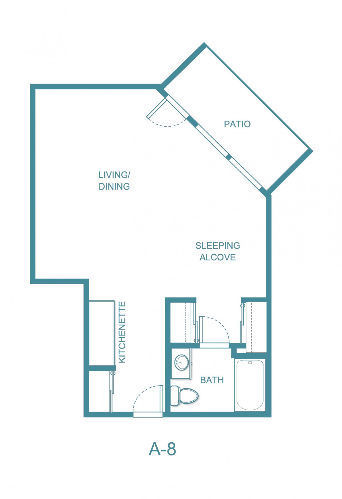 Studio apartment floor plan featuring a living/dining area, sleeping alcove, kitchen, bathroom, and patio.