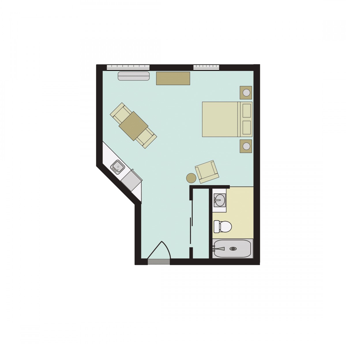 A compact studio apartment floor plan with a bed, desk, kitchenette, and bathroom.