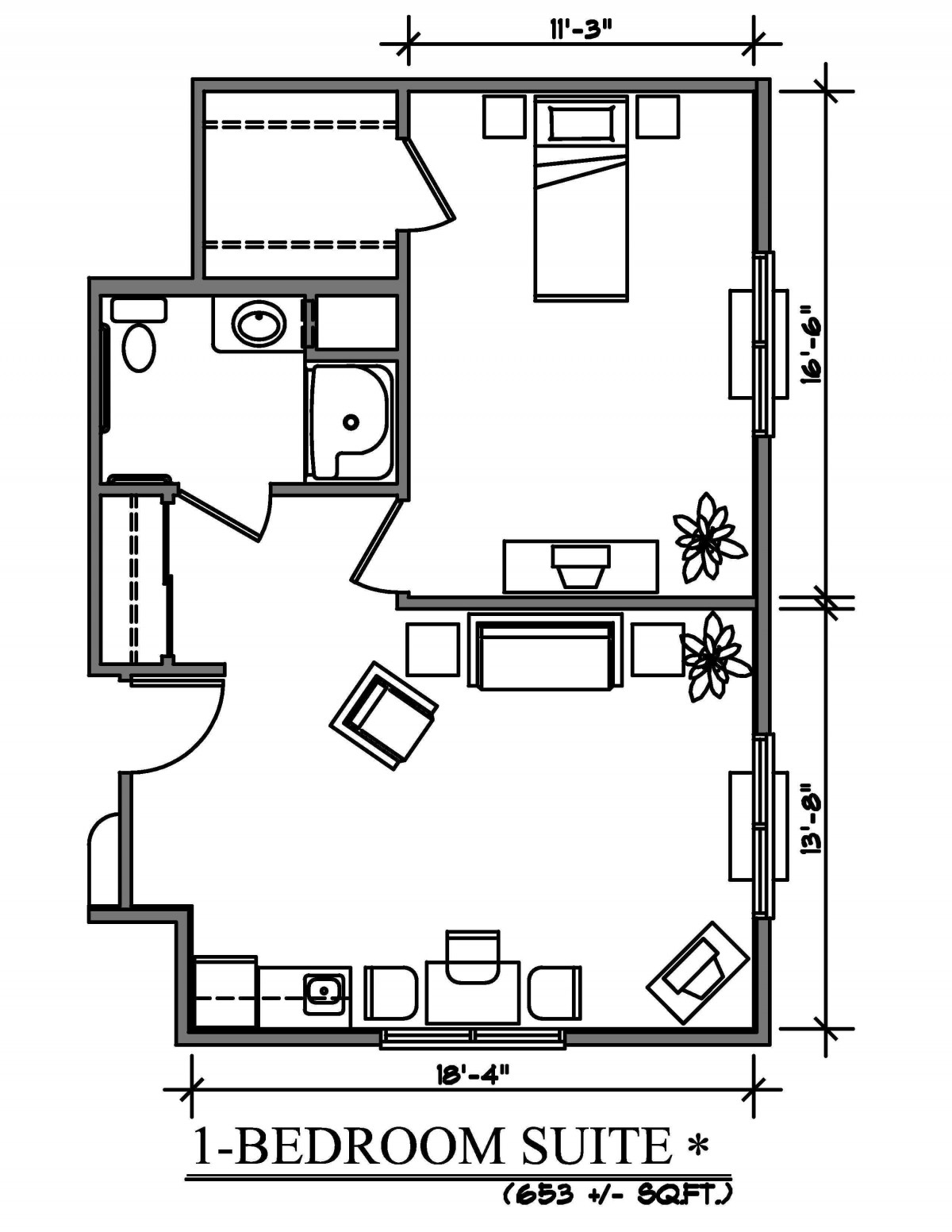 A detailed floor plan of a small apartment featuring a living room, kitchen, bedroom, and bathroom.