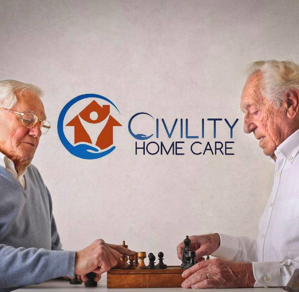 Two elderly individuals playing chess with the Civility Home Care logo in the background.