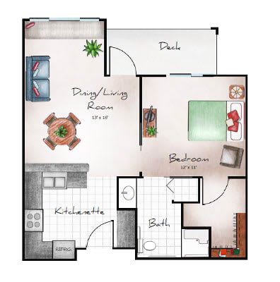 A 1-bedroom apartment floor plan featuring a living room, kitchen, bathroom, and patio.