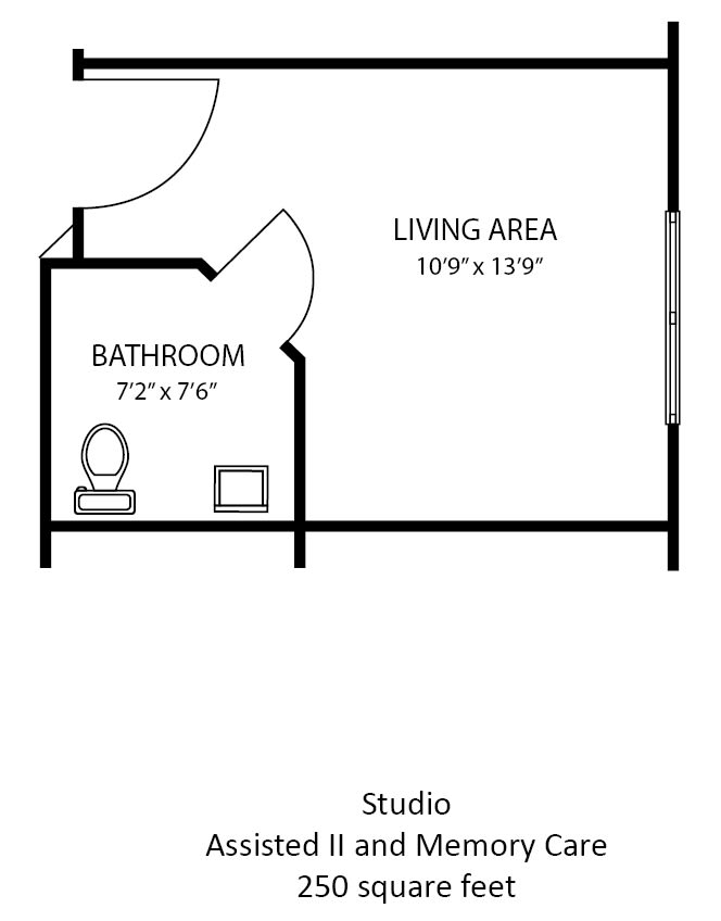 A simple studio apartment floor plan with a living area and bathroom.