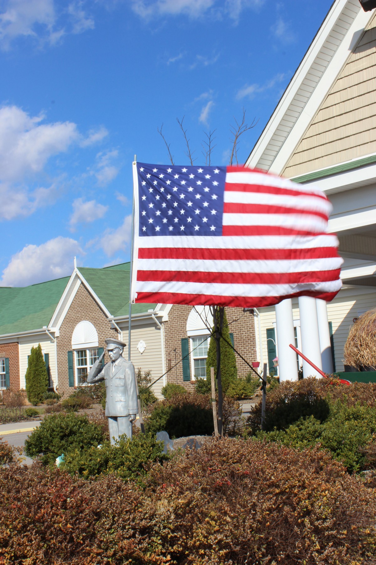 An American flag waves in front of a building with a statue nearby.