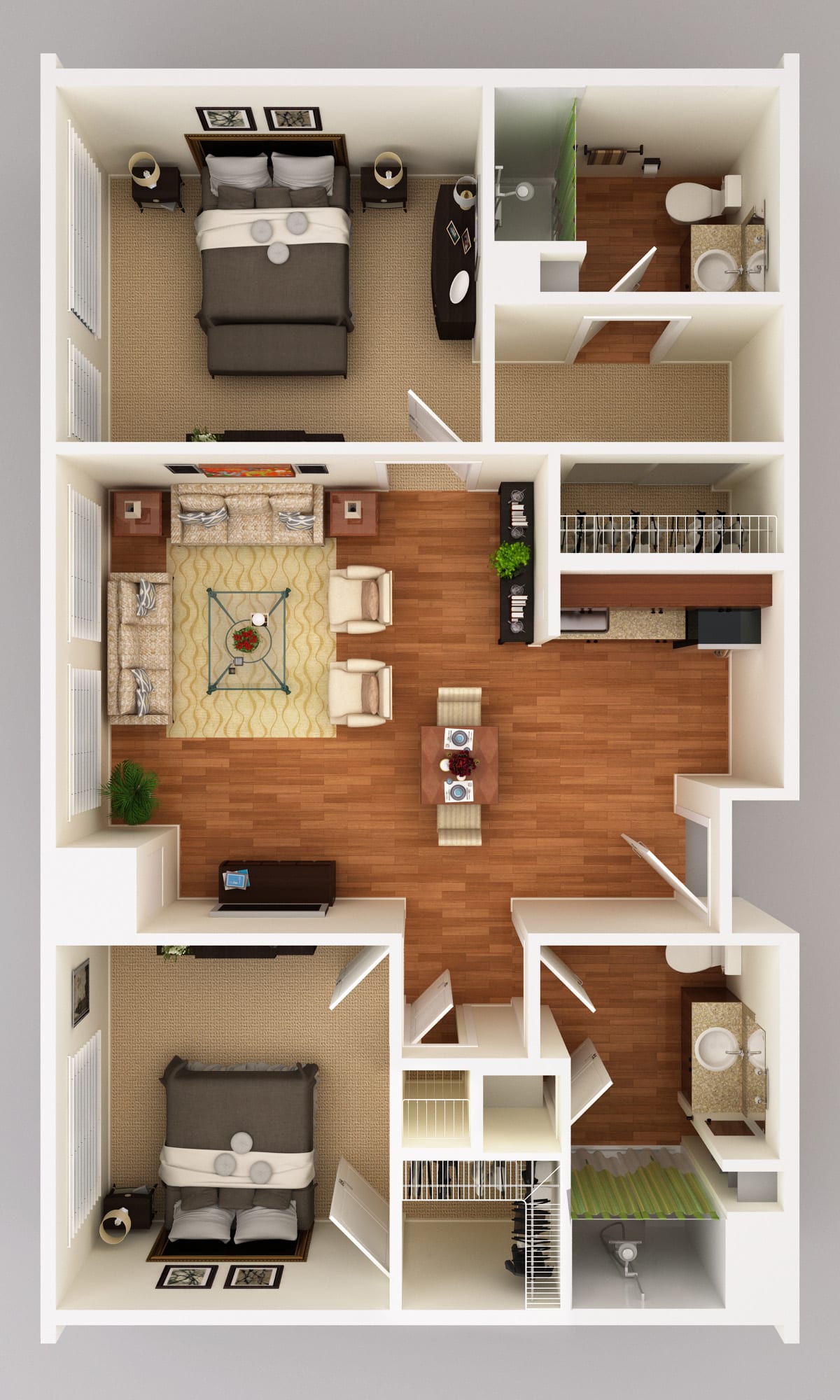 A detailed apartment floor plan with an open-concept living room and kitchen, featuring two bedrooms.