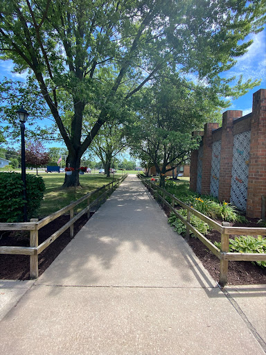 A serene walkway lined with trees and a wooden fence, inviting visitors to explore the peaceful surroundings.