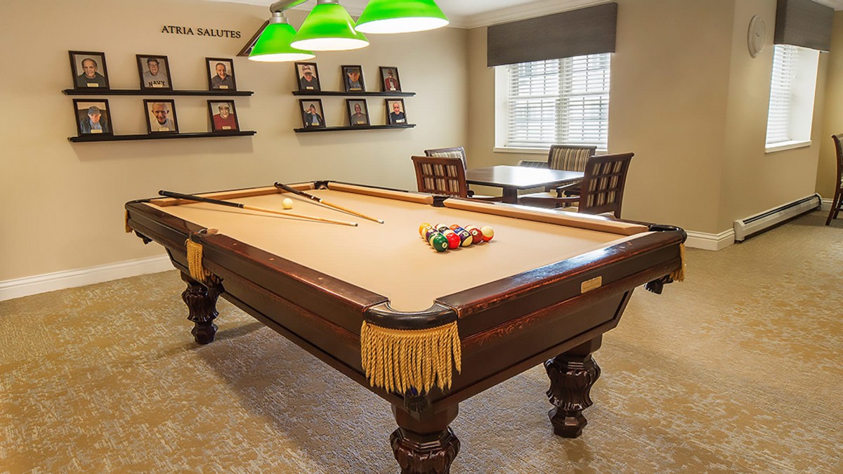 A cozy billiard room featuring a classic pool table with cue sticks and billiard balls neatly arranged.