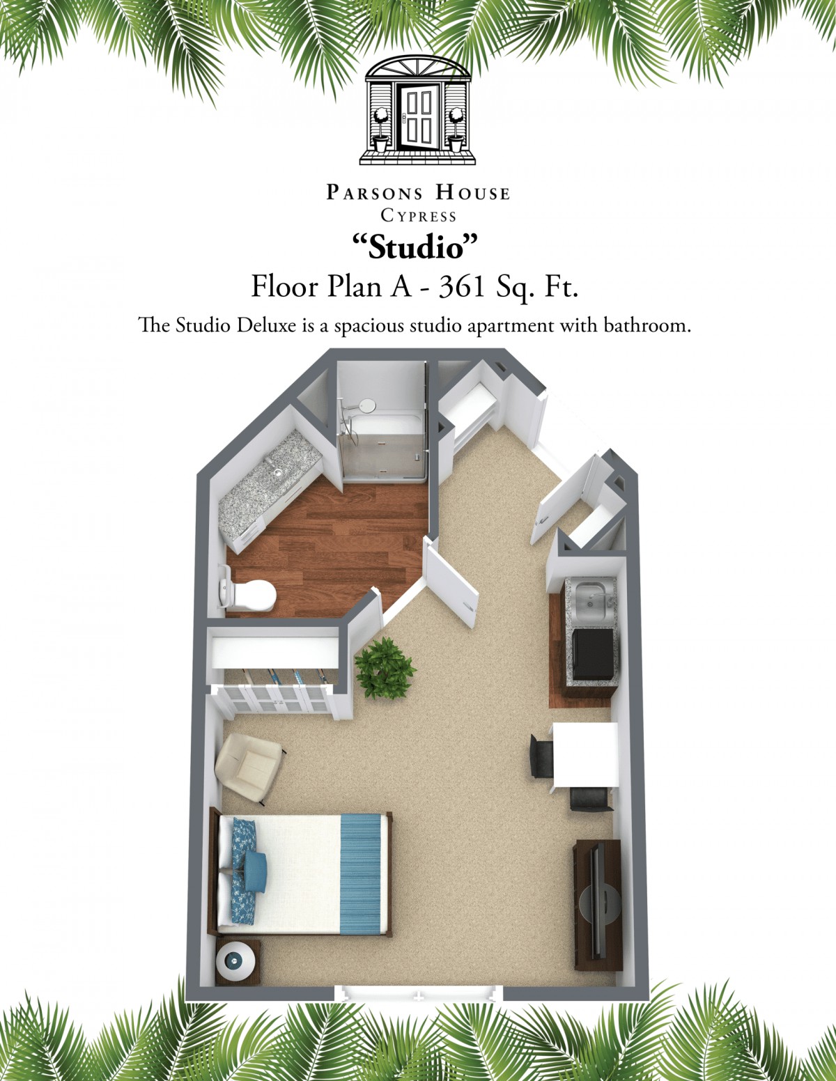 3D floor plan of a studio apartment, labeled as Floor Plan A, covering an area of 365 square feet.