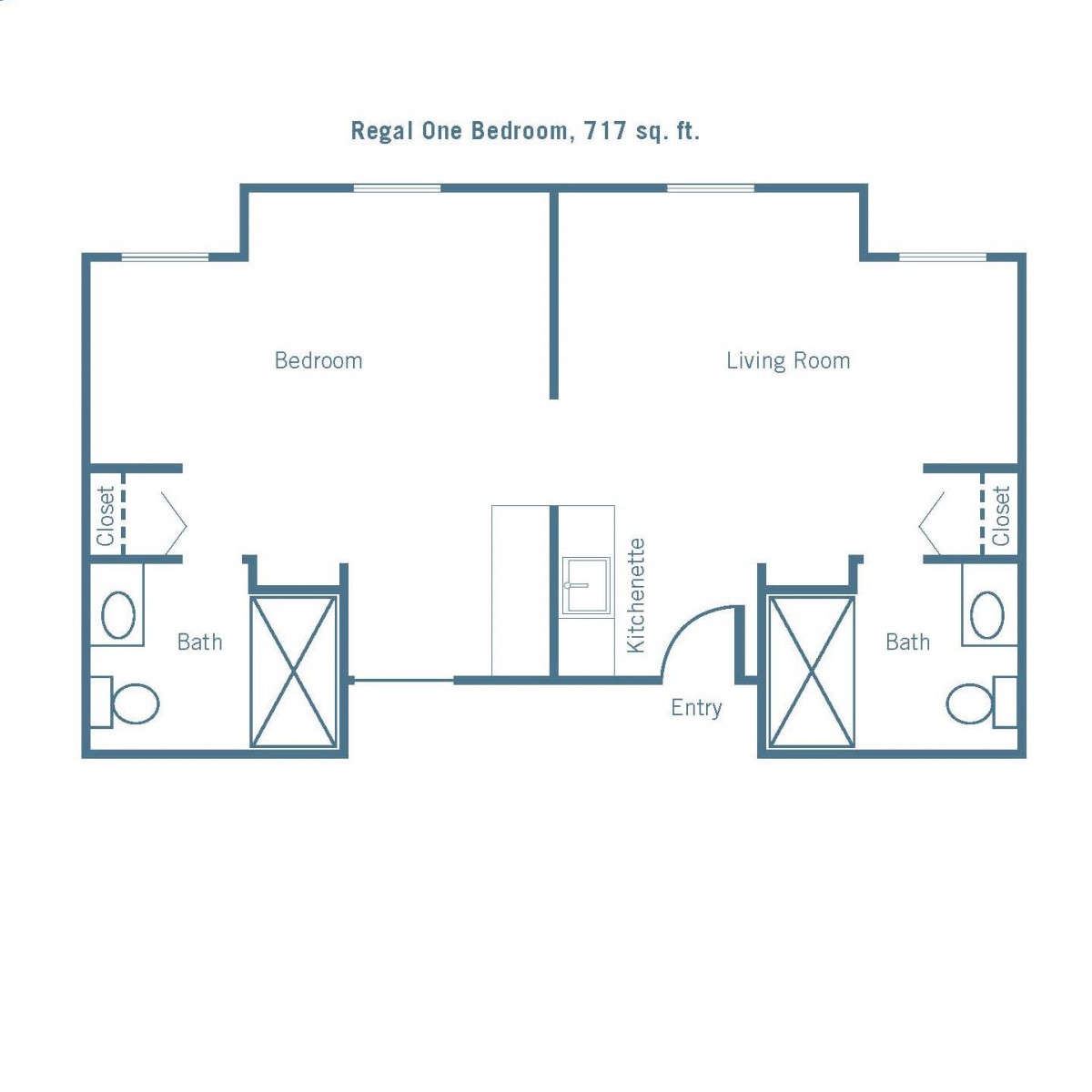 Two-bedroom apartment floor plan with bathrooms, living room, and kitchen.