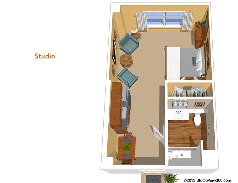 Floor plan of a studio apartment showcasing furniture arrangement and interior layout.