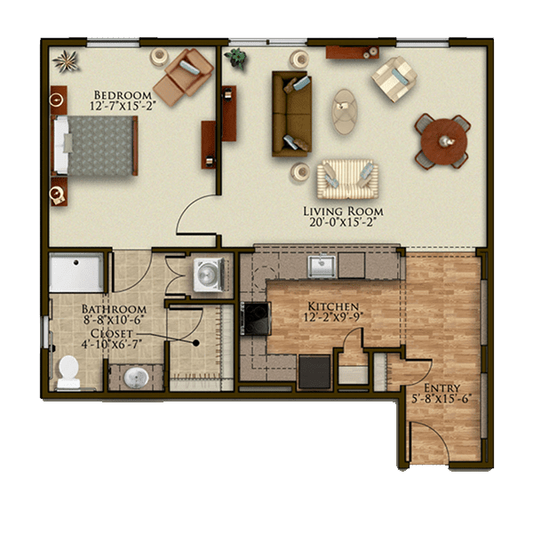 This image shows a one-bedroom apartment floor plan with designated areas for the kitchen, living room, bedroom, and bathroom.