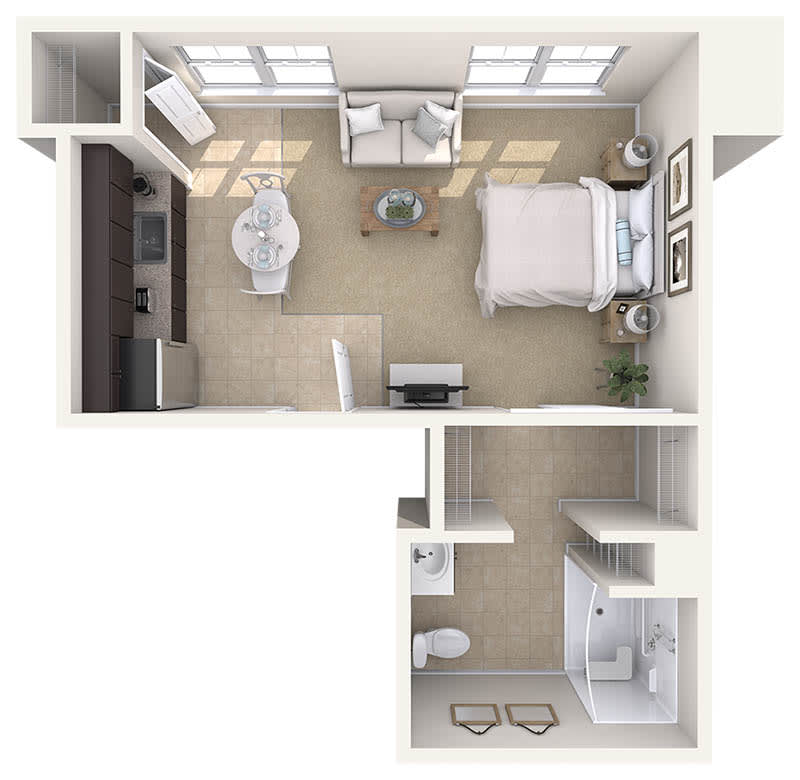 A compact apartment floor plan featuring a bedroom, living area, and bathroom.