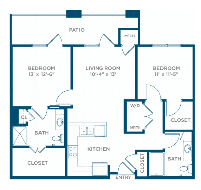 A two-bedroom apartment floor plan featuring a living room, kitchen, and two bathrooms.