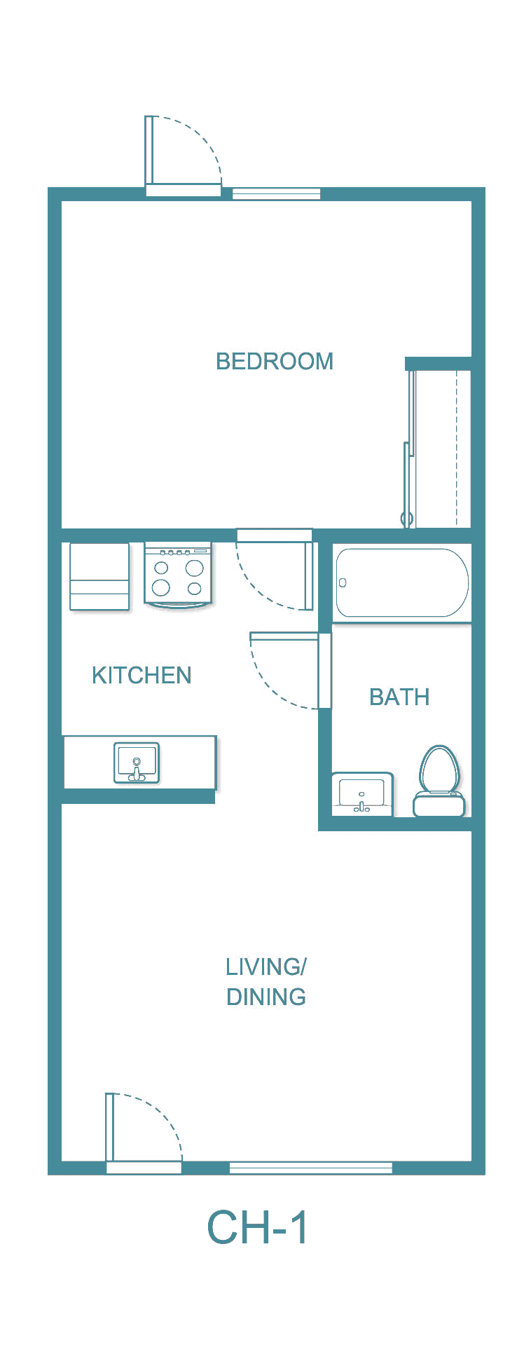 A simple floor plan showing a small kitchen and bathroom layout.