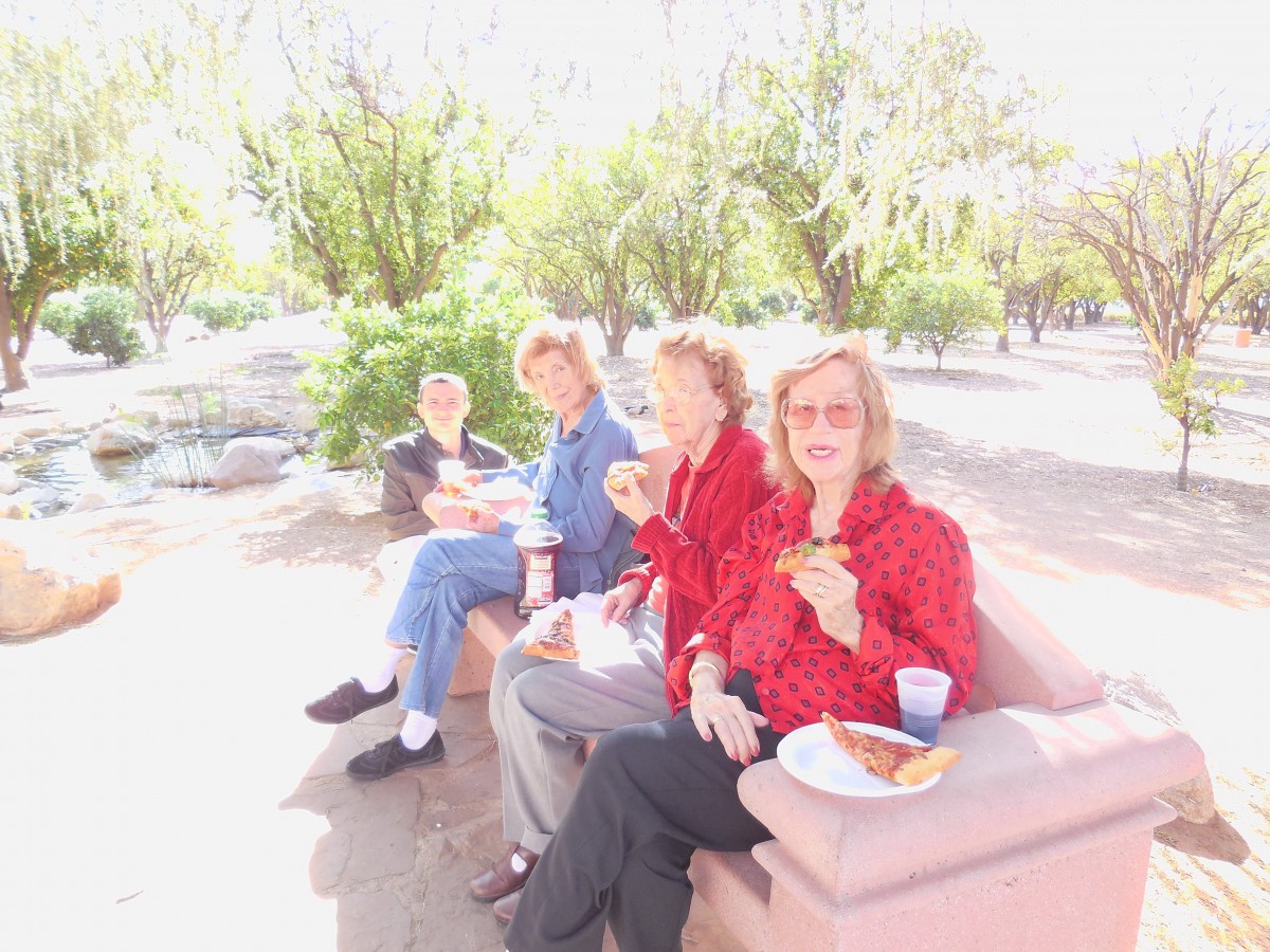 A group of people enjoying a picnic outdoors in a park during the daytime.
