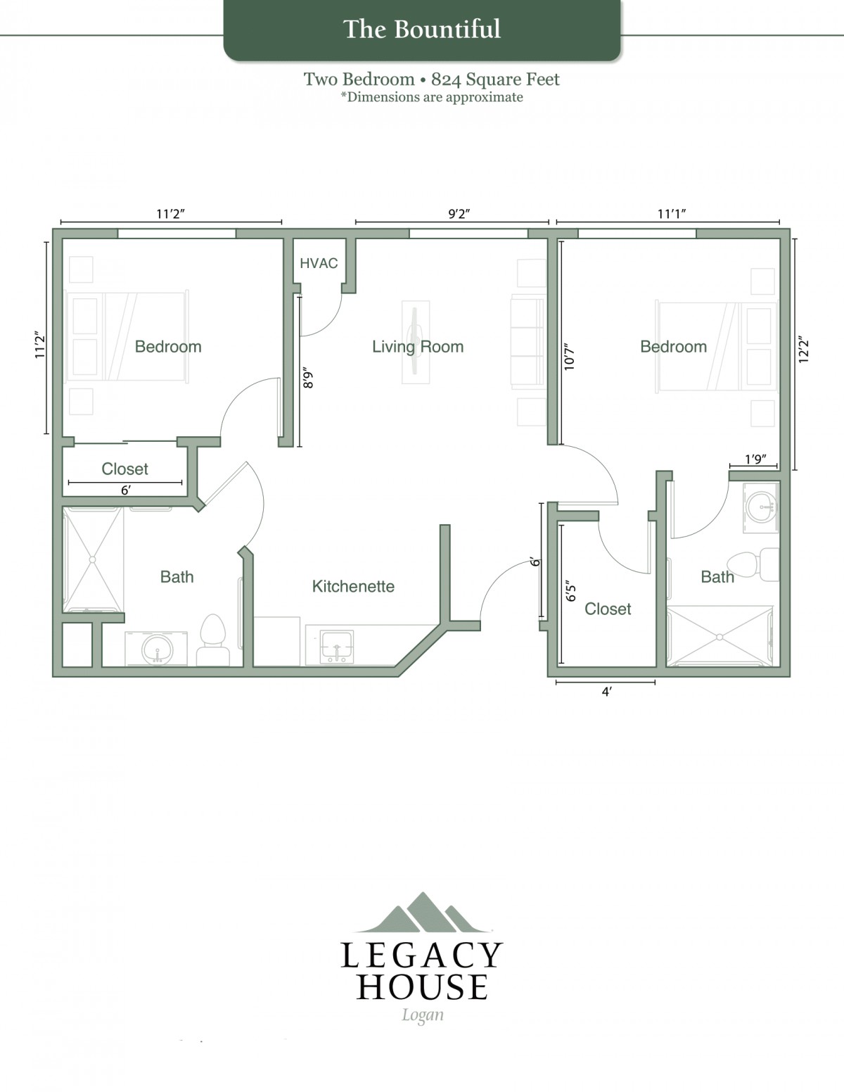 A floor plan blueprint illustrating a two-bedroom layout with a living room, kitchen, and bathroom.